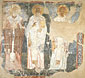 Wall painting from today 's deserted church of Hagios Georgios in Old Oropos. The Three Hierarchs: Hagios Ignatios the Theoforos, Hagios Gregorios and Hagios Ioannis Chrysostomos, first half of the 13th century. (Athens Byzantine and Christian Museum)