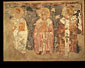 The three Hierarchs -  continuation of the previous wall painting - : Hagios Basileios, unidentified saint and Hagios Klimis, first half of the 13th century. (Athens Byzantine and Christian Museum)