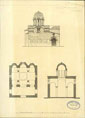 Σχέδιο, 1888-1890, Μελάνι, Υδρόχρωμα, Χαρτί.   Ναός Αγίων Ασωμάτων, α)όψη από βορειοανατολικά, β) Κάτοψη, γ) Τομή από Βορρά προς Νότο. Δημιουργοί: R. Weir-Schultz, S. Barnsley. Αρχείο Byzantine Research Fund, Βρετανική Σχολή Αθηνών. Αδημοσίευτο