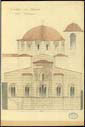 Σχέδιο 1888-1890. Μολύβι, Μελάνη και Υδατογραφία σε χαρτί. Διαστάσεις: 34χ50,5 εκ. Μονή Δαφνίου, Καθολικό, Όψη από ανατολικά. Δημιουργοί: R. Weir-Schultz, S. Barnsley. Αρχείο Byzantine Research Fund, Βρετανική Σχολή Αθηνών. Αδημοσίευτο.